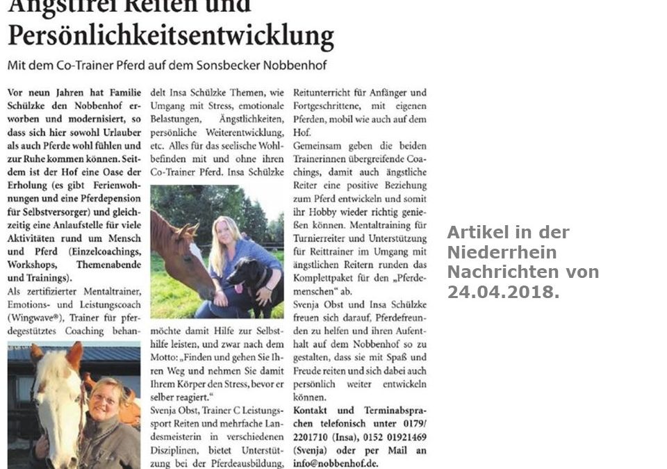 2018 Niederrhein Nachrichten Artikel “Angstfrei Reiten und Persönlichkeitsentwicklung”